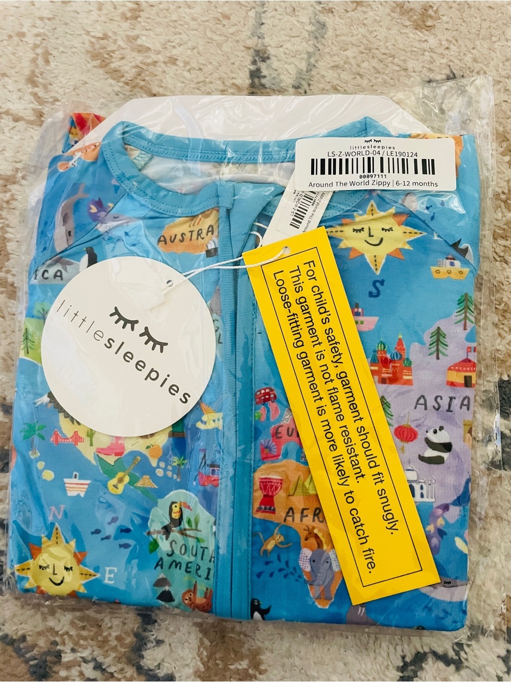 Little Sleepies Blue 'Around The World' Zippy 6-12m NWT